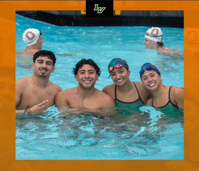 Two males and females in a pool.